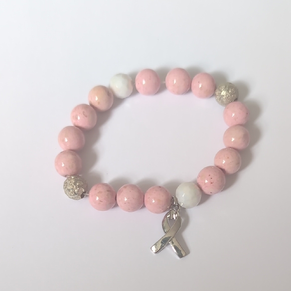 Pink and Silver Beaded Bracelet with Awareness Charm - Picture 1 of 4